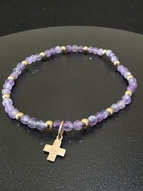10k Yellow Gold Faceted Purple Natural Stone Beads Cross Charm Stretch Bracelet